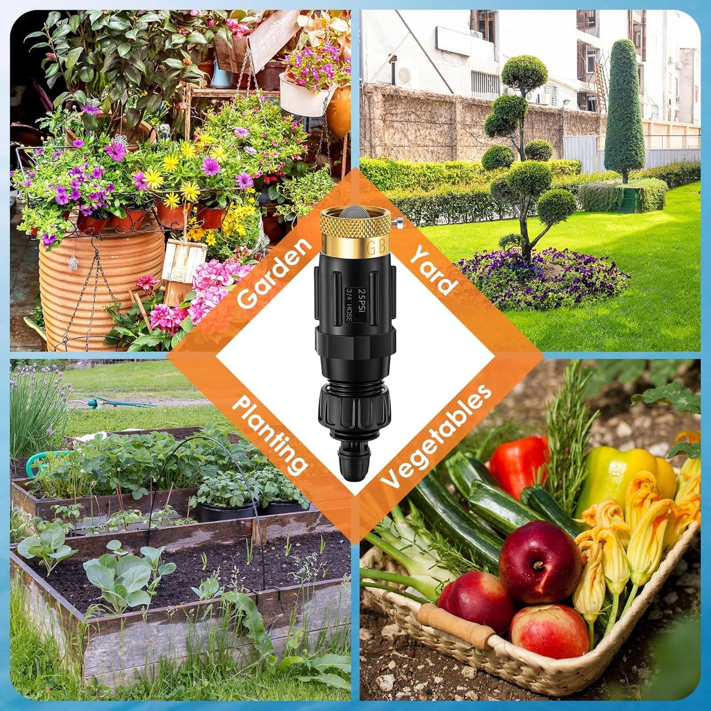 Gulfmew Drip Irrigation Faucet Adapter 25 PSI, 1/4" Tubing Quick Connect to 3/4" Garden Hose with Backflow Preventer, Filter, Tape, Pressure Regulator, Copper Drip Irrigation System Fittings (8 Pack)