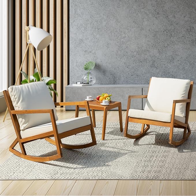 IDZO Rocking Chairs Design Heavy Duty 400lbs Capacity Wood Patio Bistro Set 3