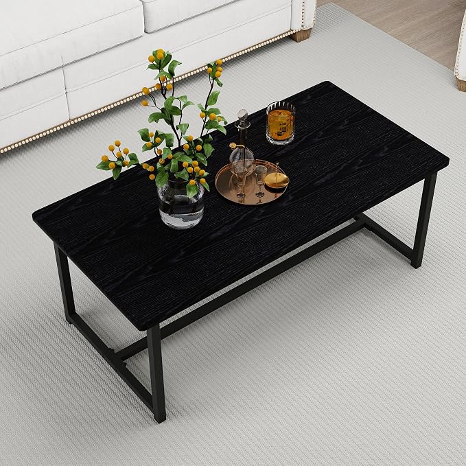 35.4" Rectangular Coffee Table for Living Room, Modern Industrial Style Coffee Table Center Table with Metal Frame for Small Space, Apartment, Office, Easy Assembly, Black