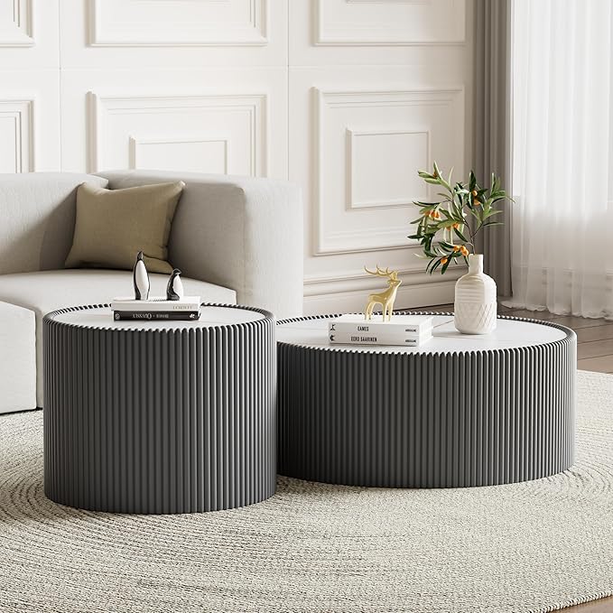 Round Marble Coffee Table Set of 2, 2 Piece White Coffee Table and End Table Set