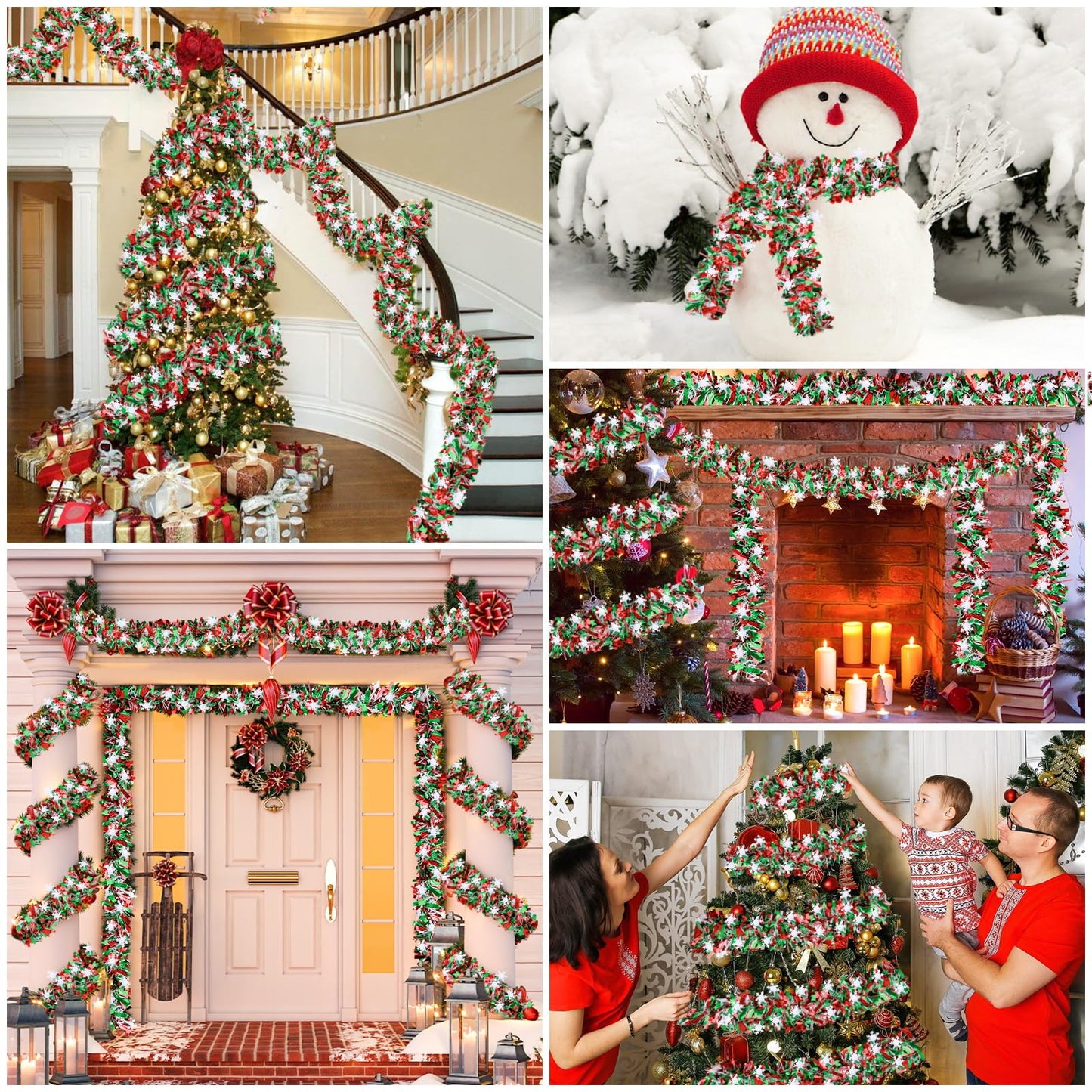 Rismise Green and Red Christmas Metallic Tinsel Twist Garland 49 Feet Glitter Christmas Tree Hanging Wreath Decor Xmas Tinsel Garland for Home Mantle Stair Railing New Year Indoor Outdoor Decorations