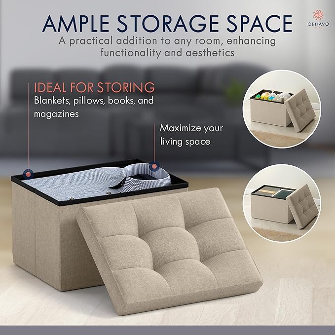 Ornavo Home Small Storage Ottoman, Foldable Collapsible Rectangle Linen Ottoman