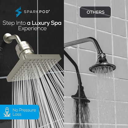 SparkPod 23-Stage Filtered Shower Head, 8" Square, Brushed Nickel | Filtered Shower Head for Hard Water Filter, High Pressure, Reduces Chlorine, Heavy Metals, For Dry Skin & Hair