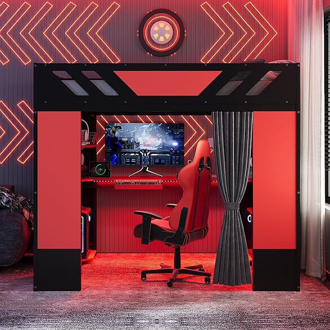 Full Size Wood Loft Bed with Built-in Workstation, Smart Storage, RGB Lighting
