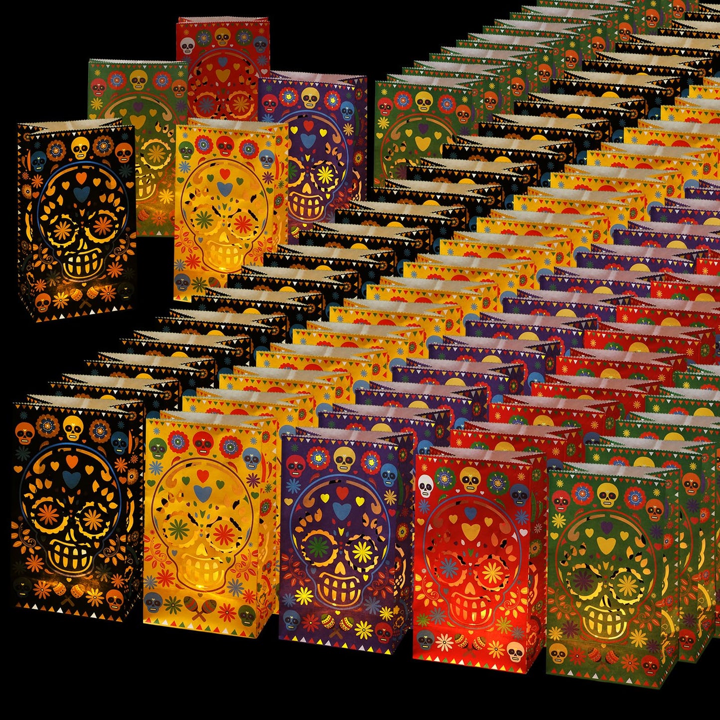 Ireer 30 Pieces Halloween Day of The Dead Luminary Bags - Dia De Los Muertos Candy Bag - Flame Resistant Candle Bag - Sugar Skull Gift Goodie for Mexican Fiesta Halloween Party Favors Supplies