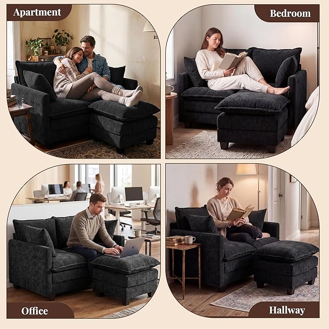 Loveseat Sofa with Ottoman, Cloud 3-Layer Cushion, Living Room, in a Box