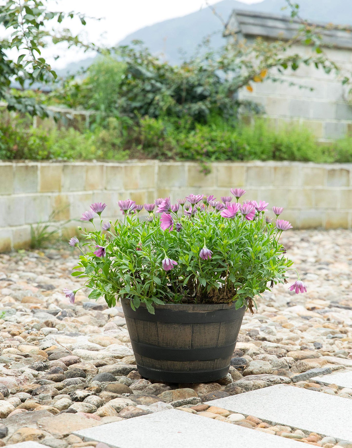 Gardenised Rustic Wood- Look Plastic Half Barrel Flower Pot Bucket Planter, Pack of 4