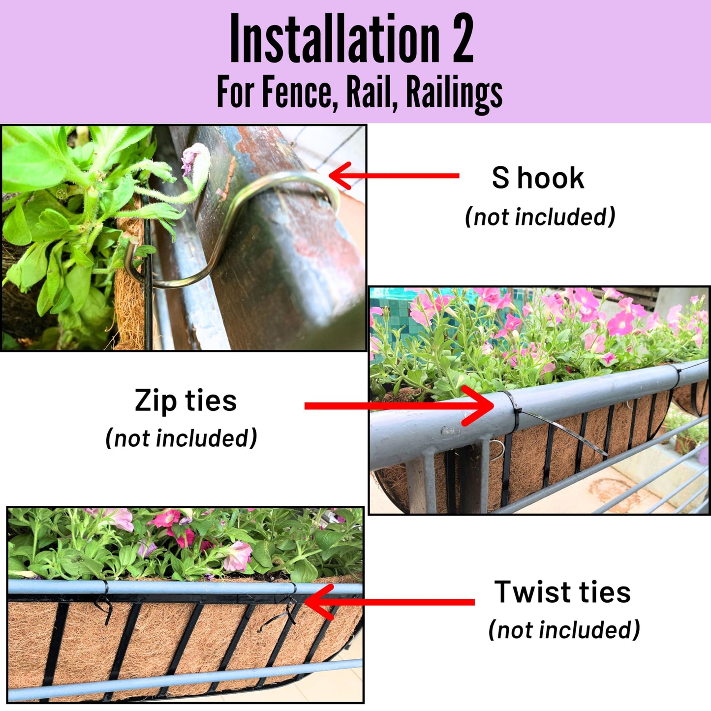 LaLaGreen Bundle- 4 Pack, 24 Inch Metal Planter with Coco Liner + 3 Pack, 11 Inch Self Watering Hanging Basket Plastic Flower Pot with Chain Outdoor Wall Mounted Balcony Fence Patio Porch Modern Decor