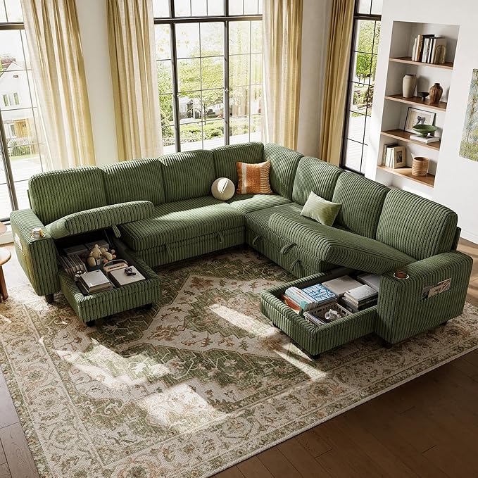 LINSY HOME Sectional Sofa with Pull Out Bed, 7 Seats Corduroy Reversible
