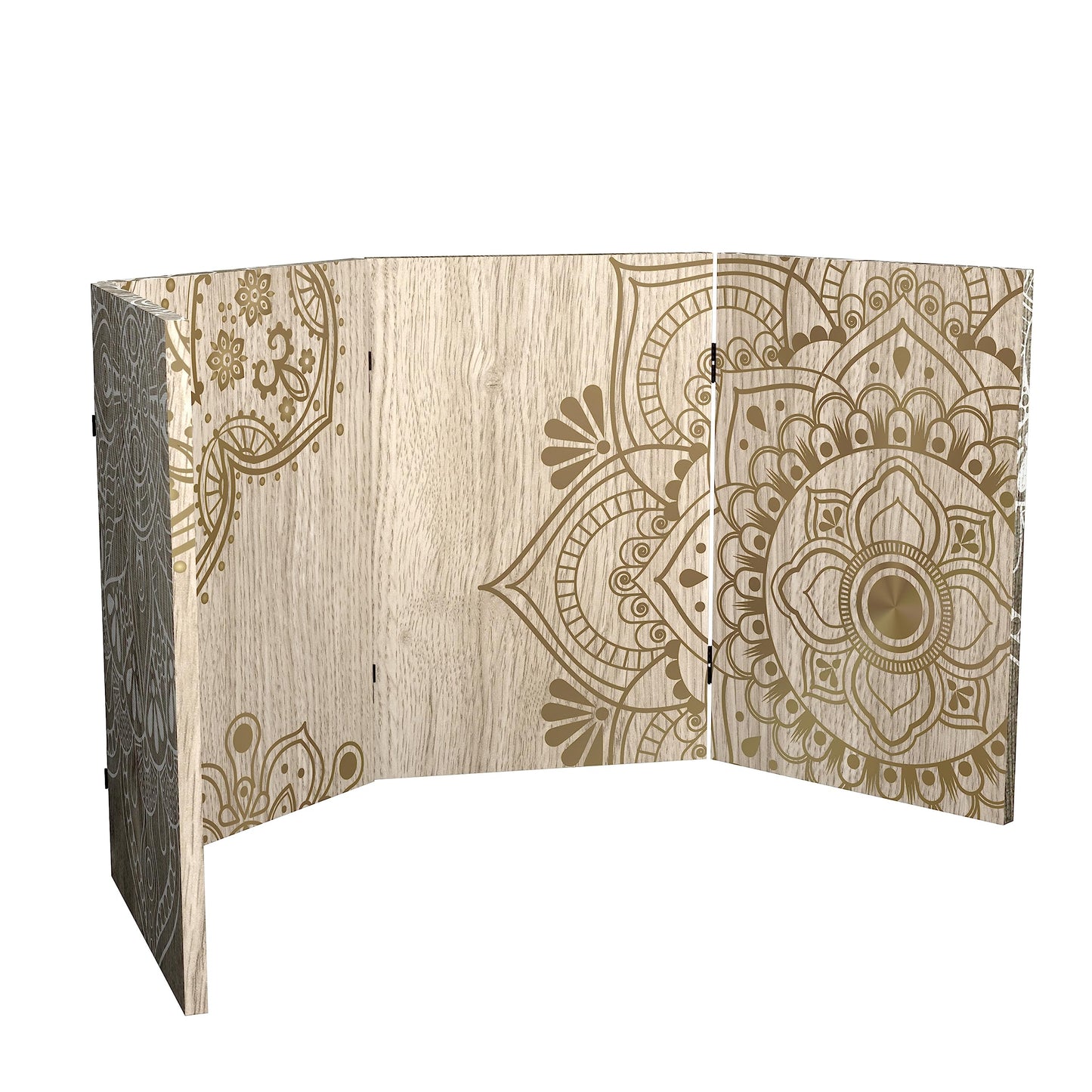 Red Lantern 2 ft. Short Double Sided Mandala on Oak Canvas Folding Screen 4 Panel Freestanding Partition and Separator for Modern and Contemporary Bedroom, Home Office, Studio, Dorm, Apartment