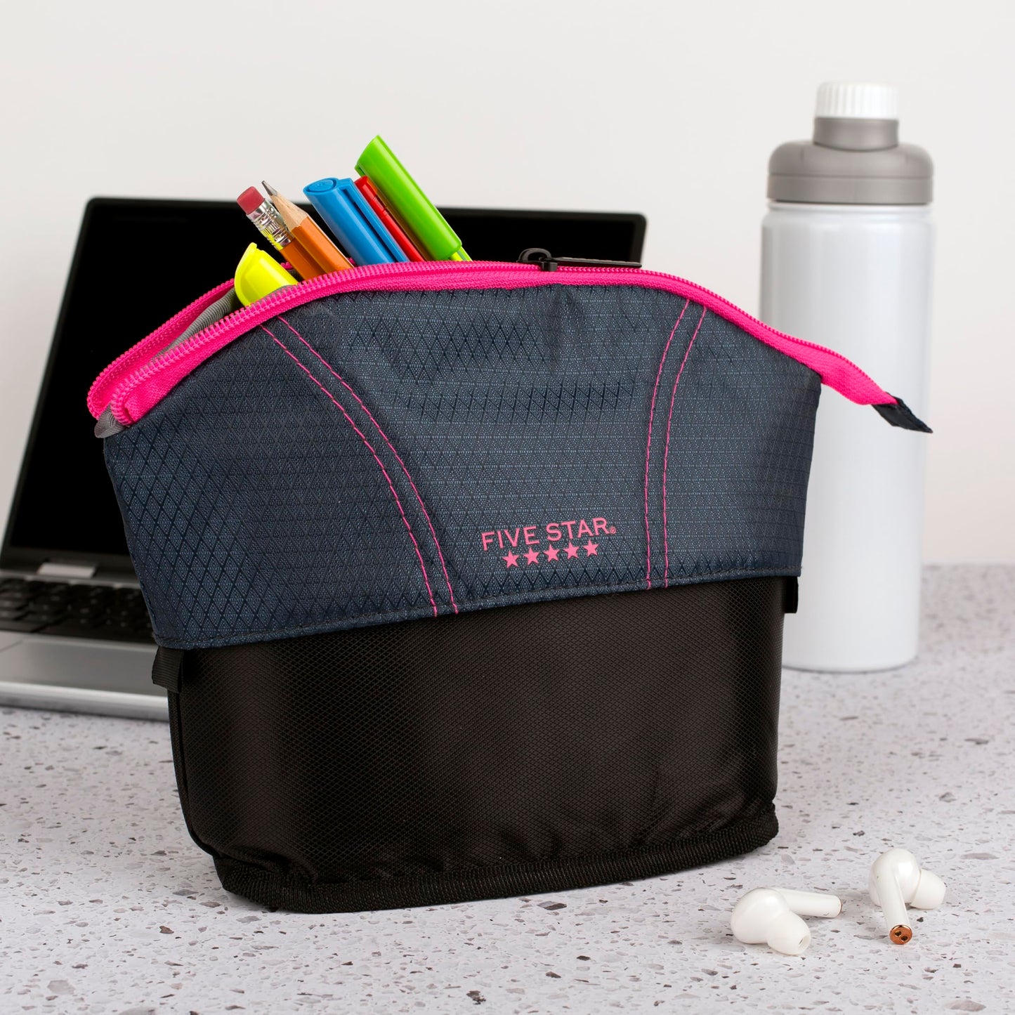 Five Star Pencil Pouch, Pen Case, Quick View Expandable Zipper Pouch, Storage Organizer for School Supplies Earbuds Chargers Cables Makeup, Navy/Pink (507610B-ECM)