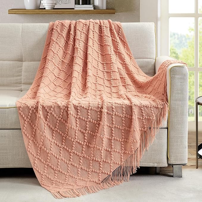 BOURINA Orange Throw Blanket 50 x70 Inches Jacquard Argyle Throw Textured Solid