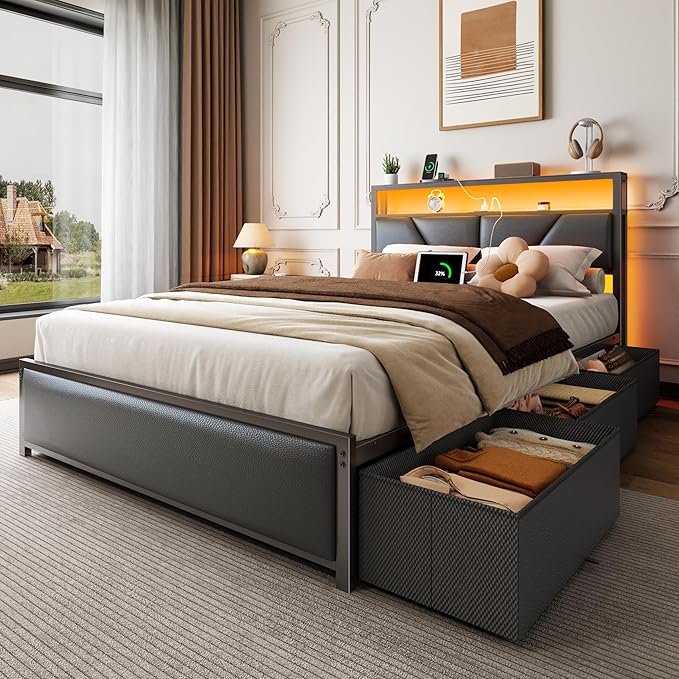 OURPIC Full Size Bed Frame, 2-Tier Storage Headboard & 6 Fabric Drawers