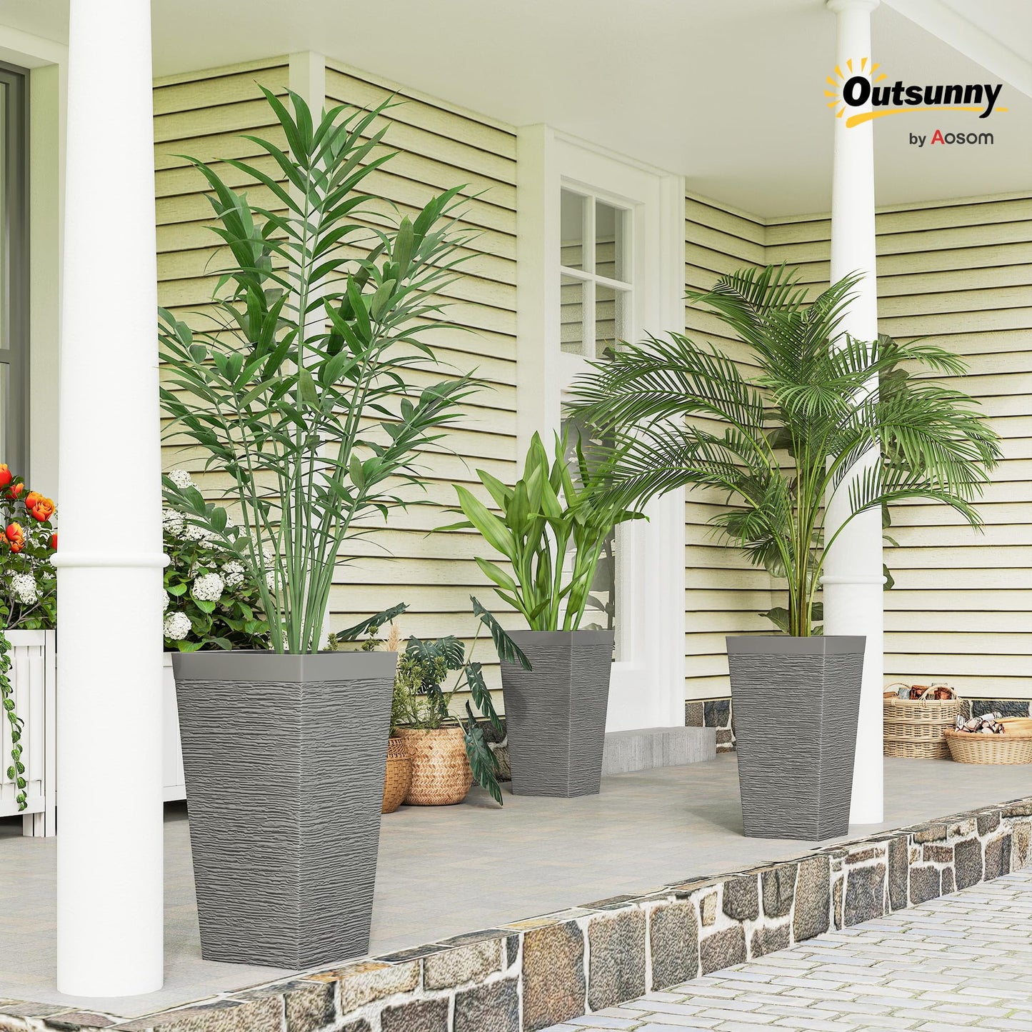 Outsunny 22.8 Inch Tall Planters for Outdoor Plants, Set of 3 Plastic Flower Pots with Stone Finish and Wheels, Stackable Tapered Planters with Drainage Hole for Indoor Plants, Front Porch, Gray