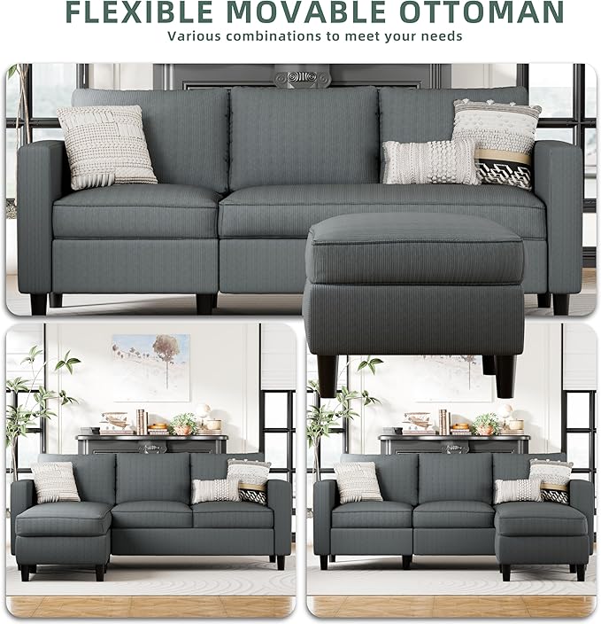 SUNLEI Small L-Shaped Sectional Couch, Modern Grey Couch