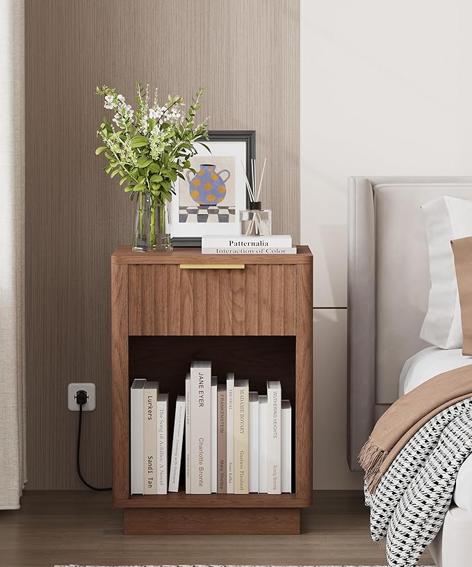 Akxomel Fluted Nightstands Set of 2, Wooden Night Stand
