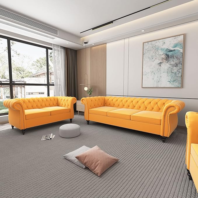 ORRD 2 Piece Living Room Set, Velvet Chesterfield Sofa Loveseat Couch