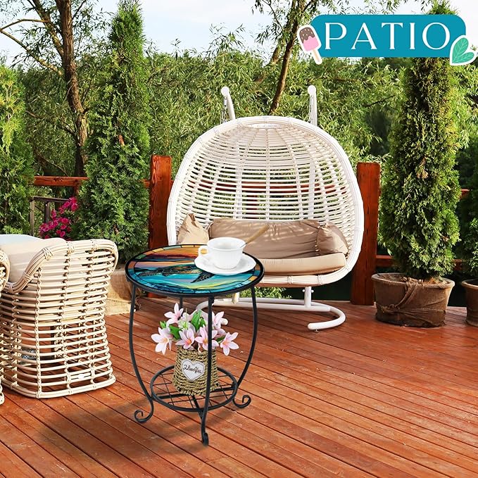 Cinnvoice Outdoor Side Table Round Small Mosaic Patio Accent Indoor End Plant
