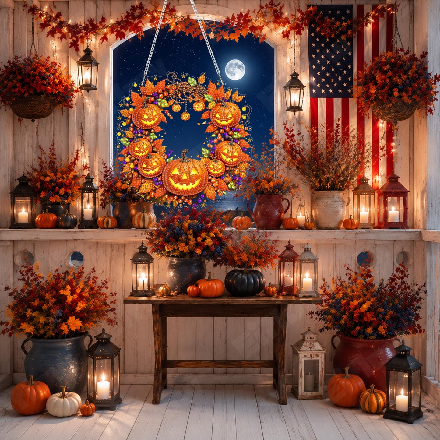 Eiflow Acrylic Diamond Art Hanging Kit for Adults Halloween, DIY Diamonds Painting Door Hanger Board Kit, Special Crystal Diamond Art Painting Pendant Ornament (Pumpkin Wreath)