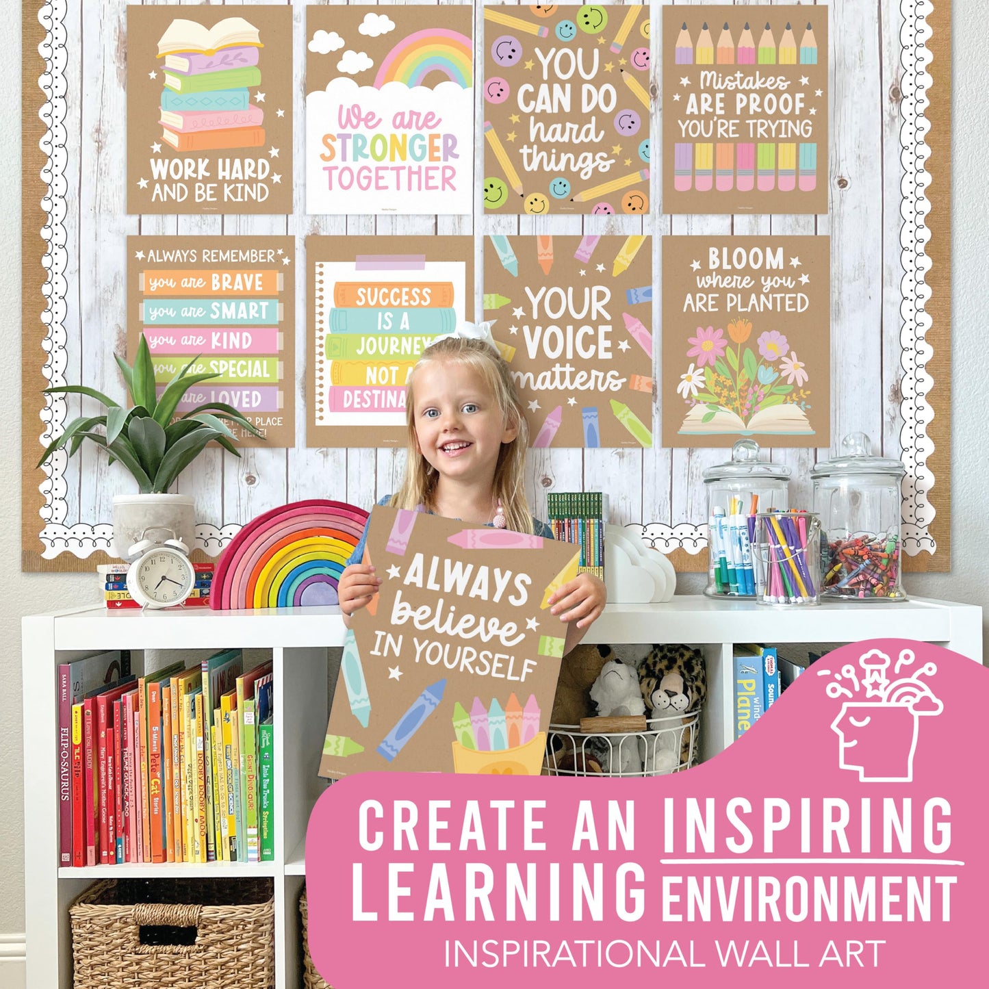 Hadley Designs Motivational Poster for Classroom Decor - 9 Growth Mindset Classroom Posters Elementary, Inspirational Wall Decor Middle School, Teacher Must Haves, Kraft Bulletin Board Decorations