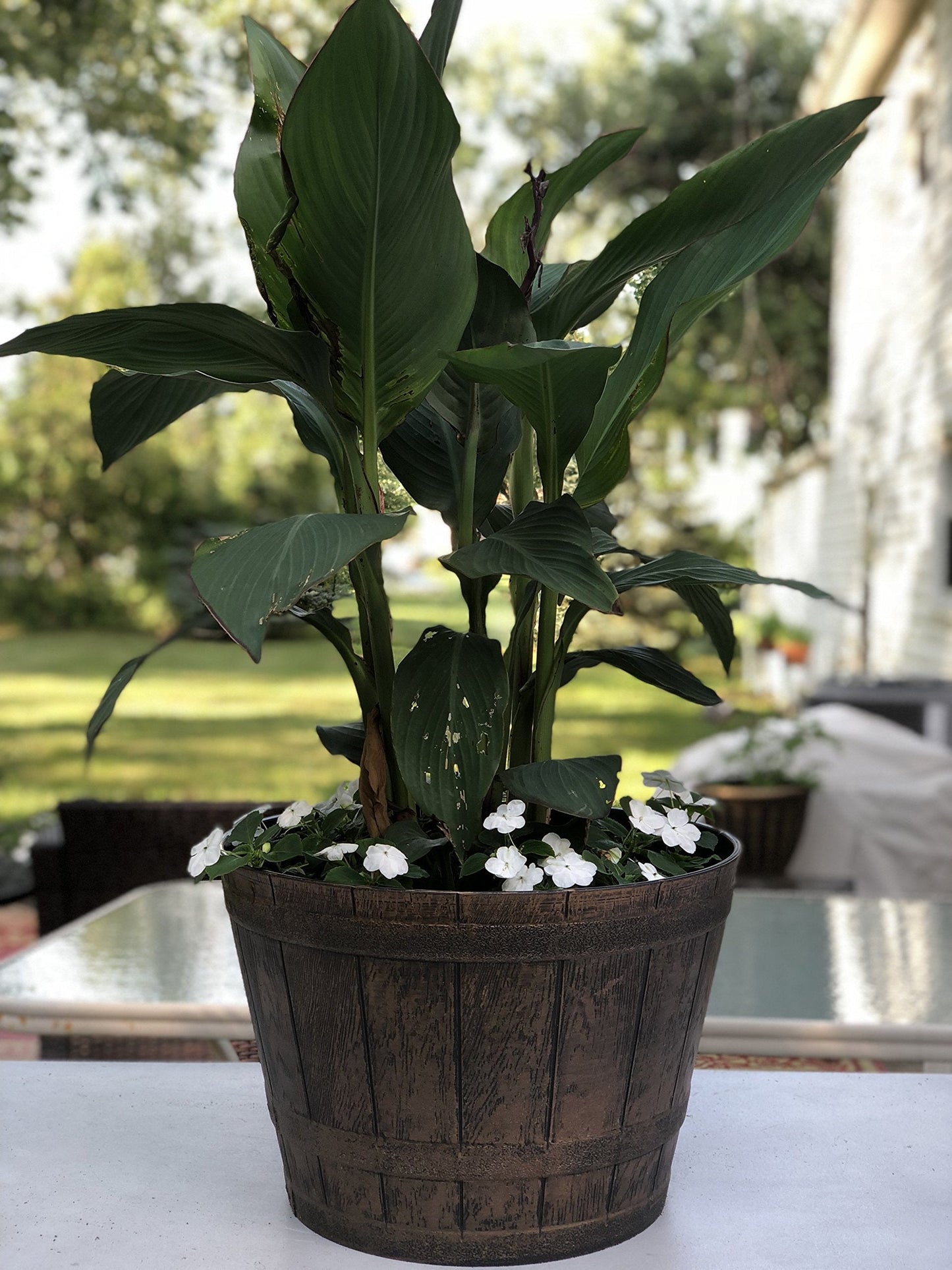 Sapphire Plant Pots Set of 2 Pack 10 inch, Copper Whiskey Barrel Planters with Drainage Holes. Plastic Decoration Flower Pots Imitation Wine Barrel Design (Copper-S)