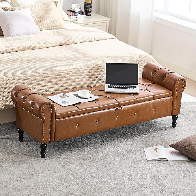 Storage Bench for Bedroom, Faux Leather 67" End of Bed Bench, King Size Bench
