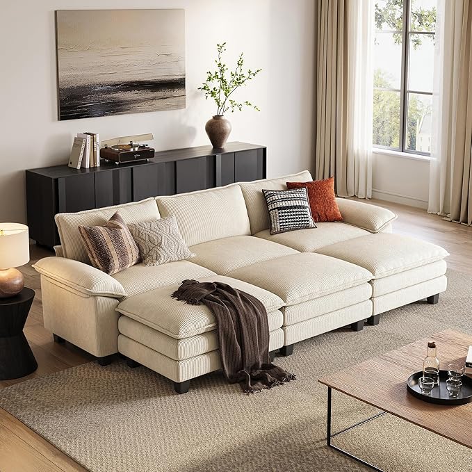LINSY HOME 123" Modular Sectional Sofa, 3-Seat Corduroy Modern Cloud Couch