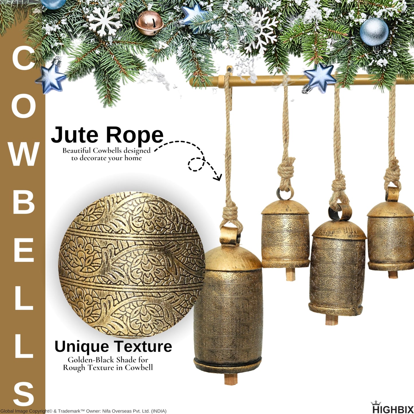HIGHBIX Shabby Chic Floral Etching Bells on Metal Hanging Rod X-Large Handmade Farmhouse Decor, Garden Accents, and Christmas Holiday Decorations