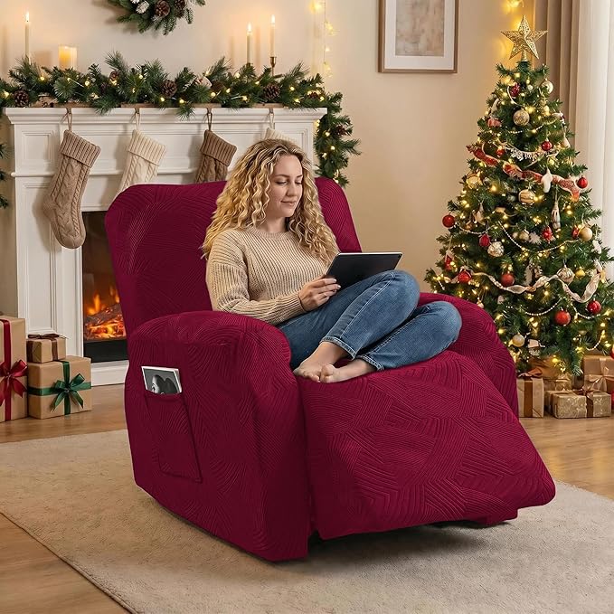 Recliner Chair Covers, 4-Piece Stretch Geometric Strokes Jacquard Reclining