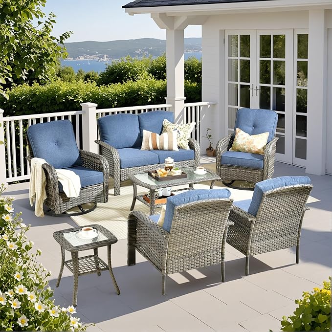 Weaxty 7 Pieces Patio Furniture Set, Wicker Outdoor Swivel Rocking Chairs