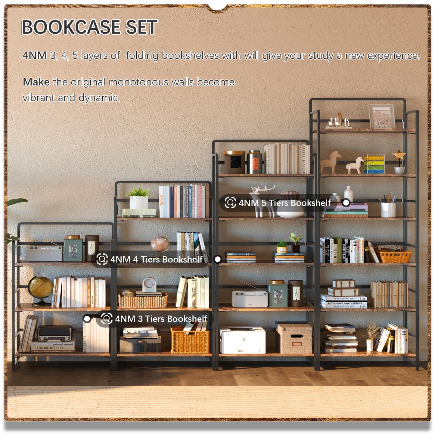4NM No Assembly 6 Tiers Folding Bookshelf Storage Shelves Vintage Bookcase Standing Racks Study Organizer Home Office (Rustic Brown Black)