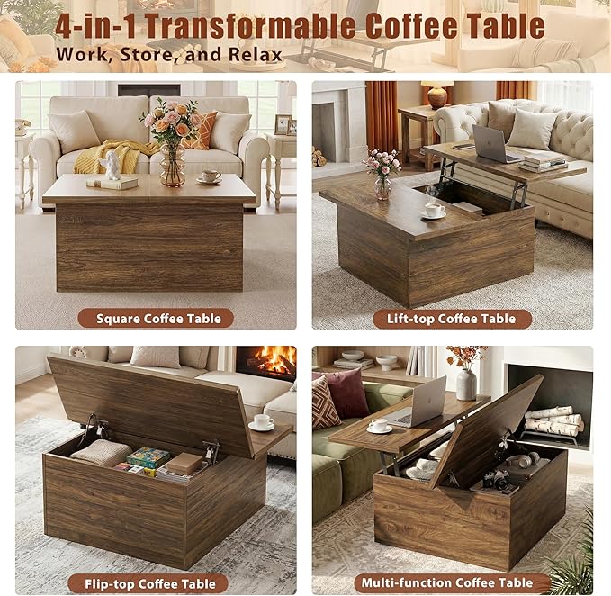 HUAHUU 31.5" Lift Top Coffee Table, 4 in 1 Square Coffee Table