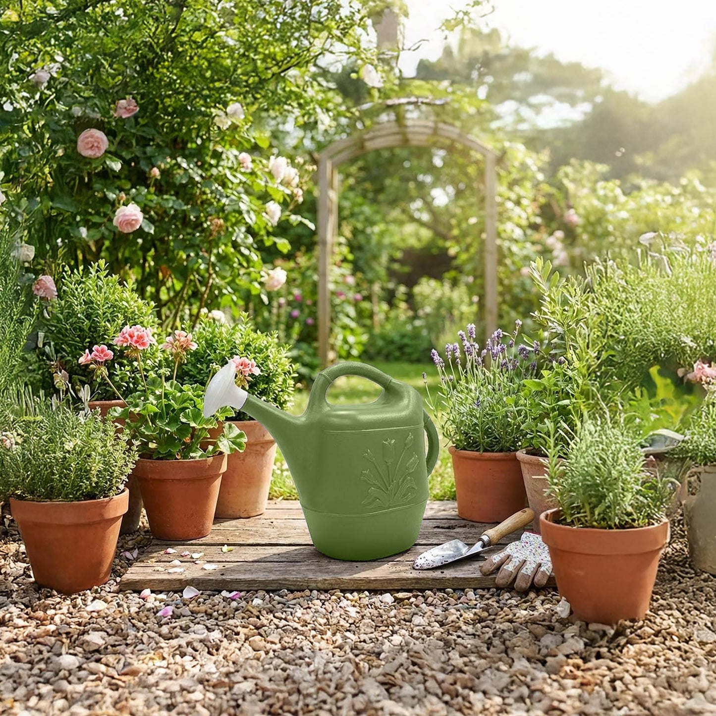 Union Products 63068 2 Gallon Plastic Indoor/Outdoor Watering Can w/ Tulip Design for Garden, Potted Plants, & Patio Pots, Sage Green