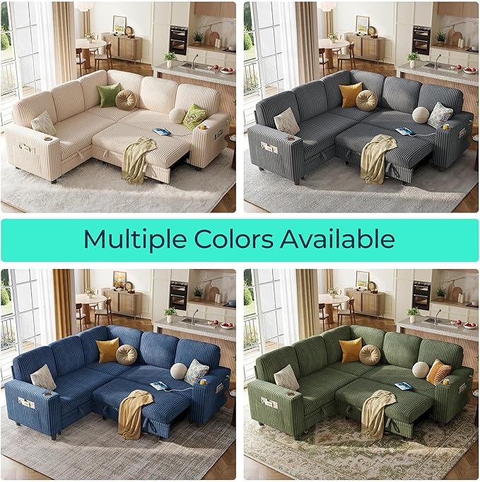 LINSY HOME Sectional Sofa with Pull Out Bed, 5 Seats Corduroy Reversible