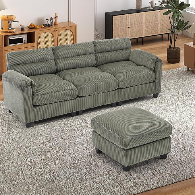 HAOMARKETS Corduroy 2-Piece Sofa Set, Upholstered Ottoman and 3-Seater Sofa
