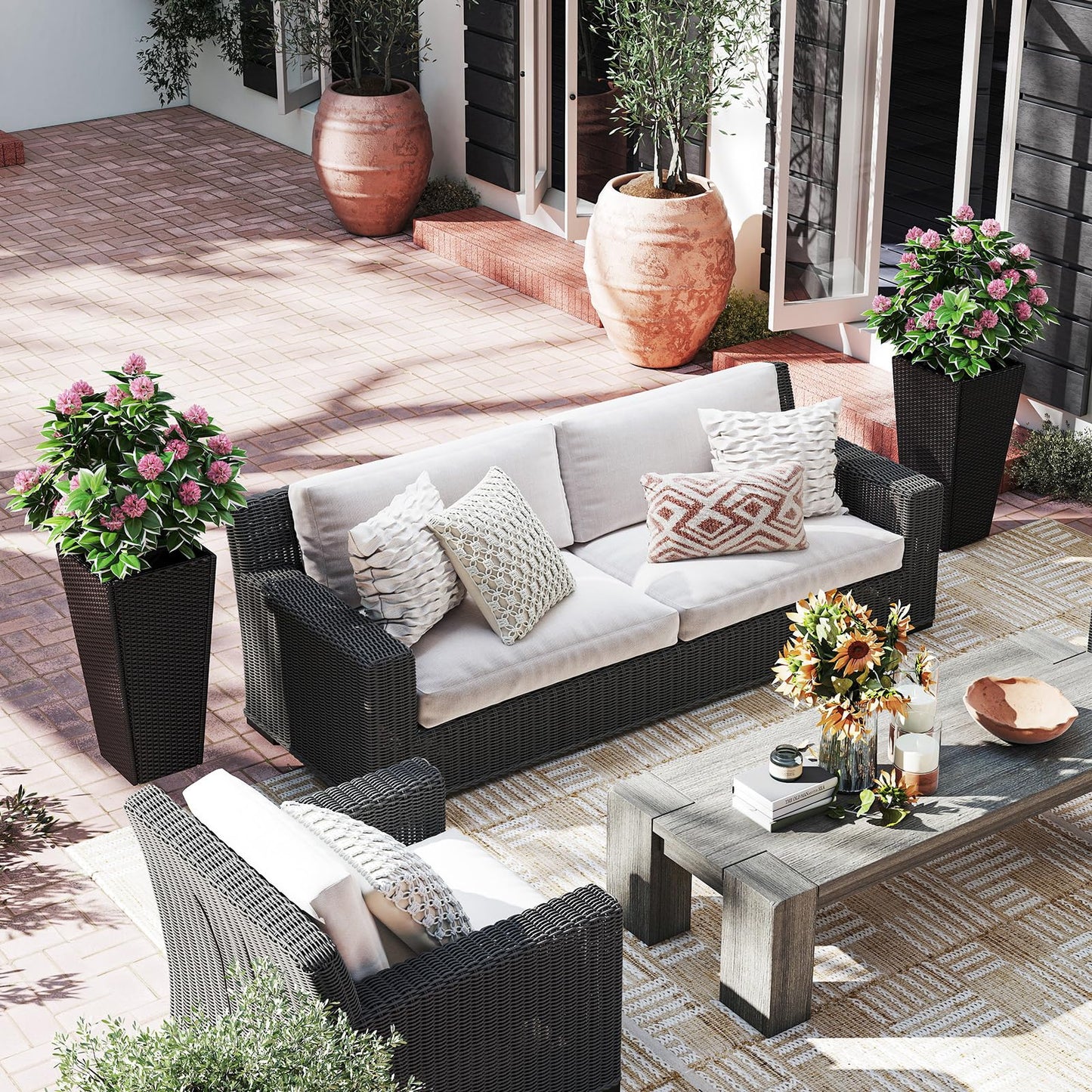 Giantex Set of 2 Outdoor Wicker Flower Pot, 30 Inch Tall Planters with Drainage System, PE Rattan Flower Pots, Indoor Outdoor Decoration for Front Porch Balcony Entryway, Dark Brown