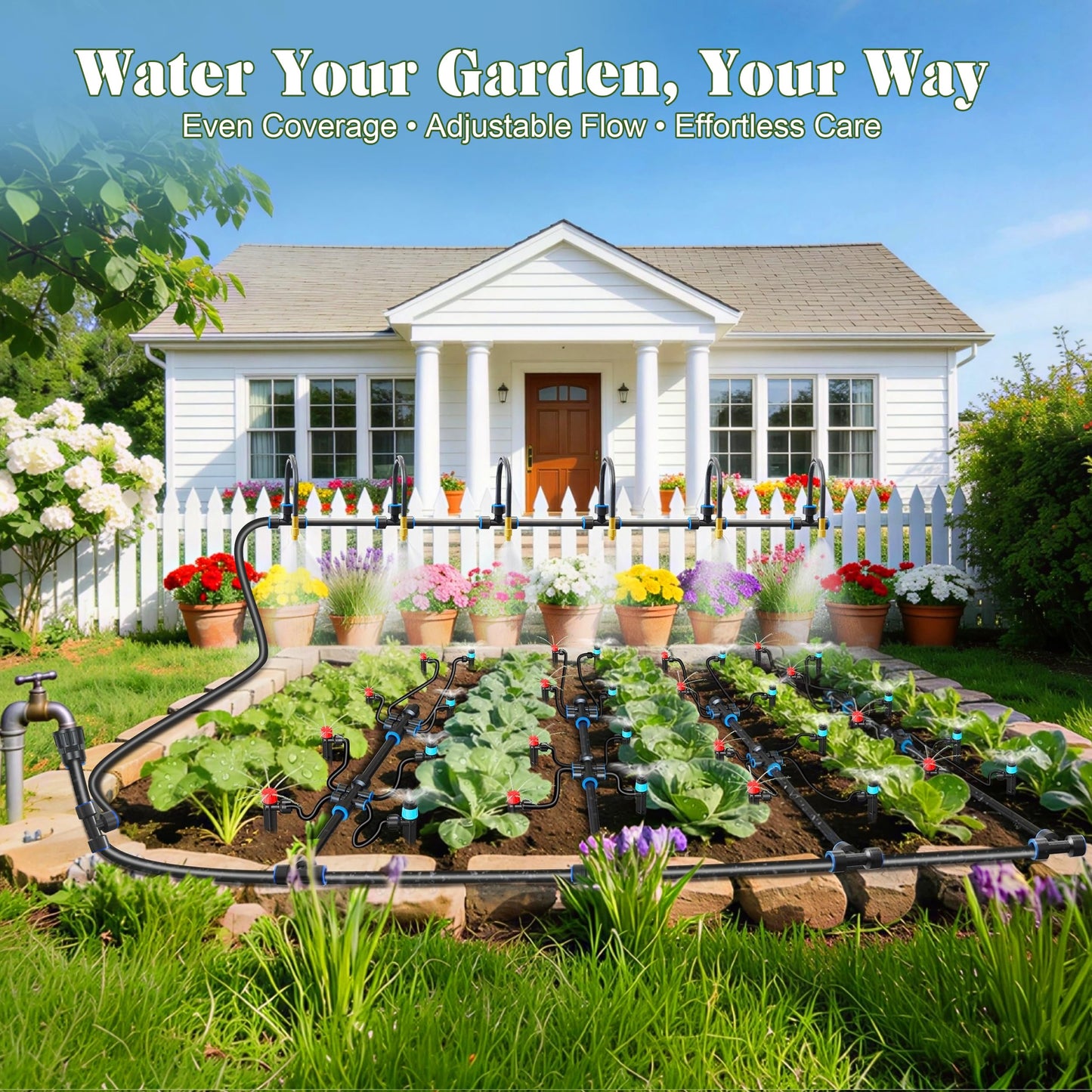 Drip Irrigation Kit for Garden, Automatic Watering System with Quick Connect Fittings, Adjustable Spray Nozzles, Water Saving Irrigation System for Yard, Greenhouse, Lawn & Potted Plants (106FT)