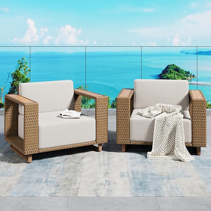 SUNSHINE VALLEY 2 Pieces Patio Furniture Set, Outdoor Rattan Wicker Armchairs