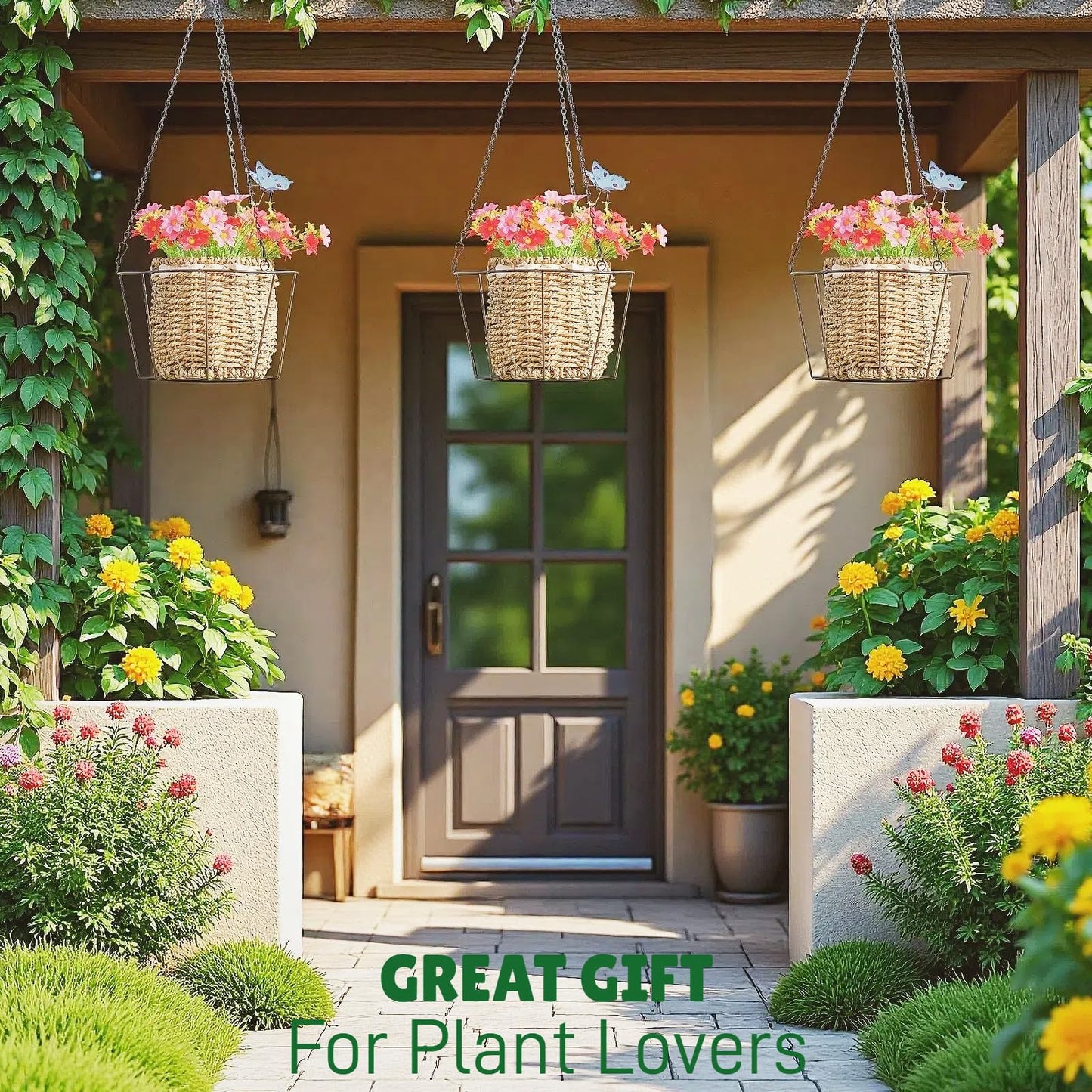 ZYUXUAN Metal & Macrame Plant Hanger Indoor/Outdoor Use – Heavy Duty Hanging Planter Holder with Basket for Ceiling, Window, Patio – Decorative Hanging Pot Tray for Plants(12 Inch, 2-Pack)