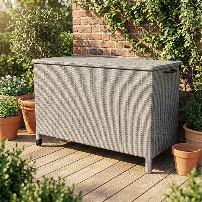 GarveeLife Medium Outdoor Wicker Storage Box, PE Rattan Patio Storage Chest