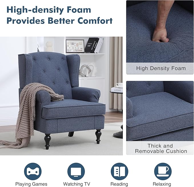 Accent Chair for Living Room, Mid Century Modern Upholstered Armchair, Wingback