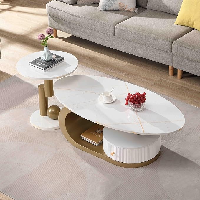 Modern Oval Coffee Table Set of 2, Faux Marble Coffee Table and Round End Table