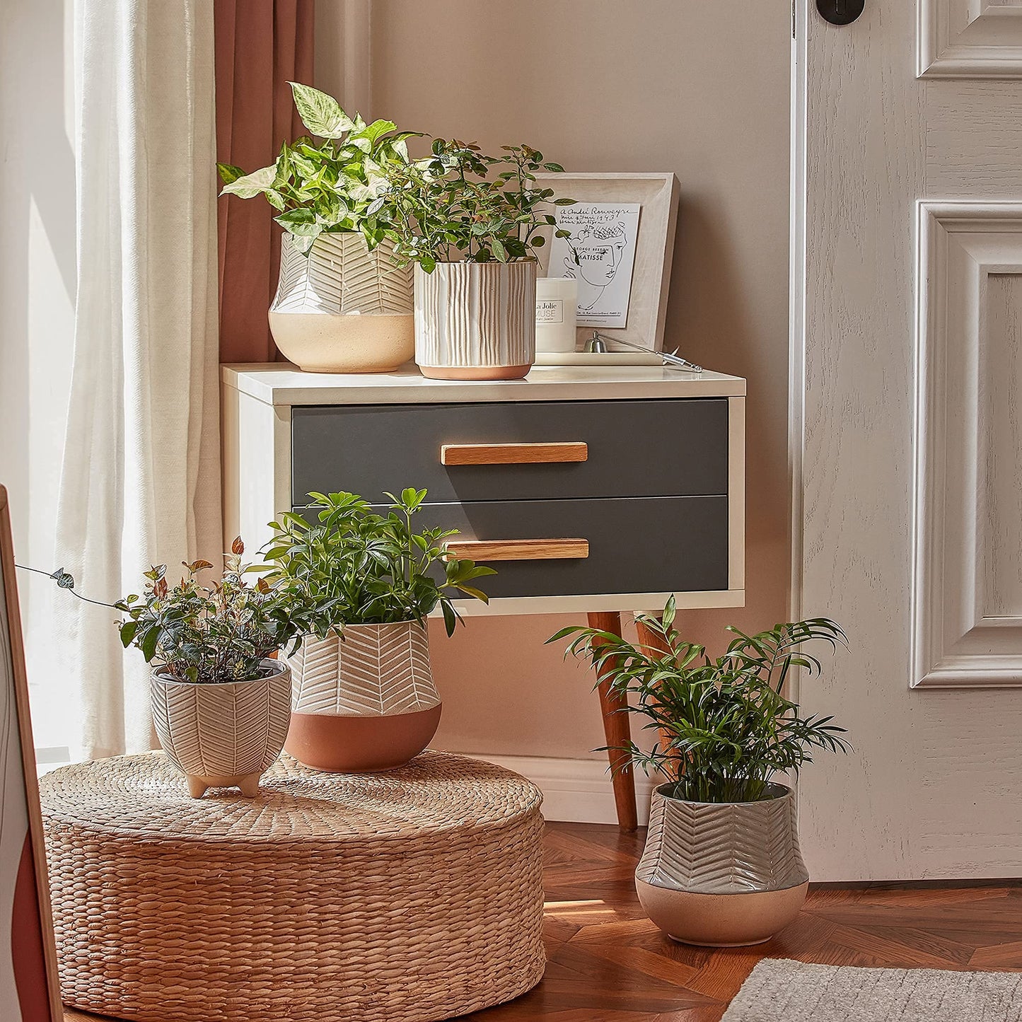 LA JOLIE MUSE Ceramic Footed Flower Plant Pots - 6.7 + 5.1 Inch Boho Decor Indoor Planters with Drainage, Home Decor Gift, Beige