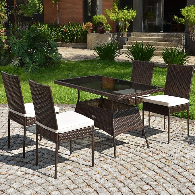 Tangkula 5 Piece Patio Wicker Dining Set, Outdoor Rattan Table and Chairs