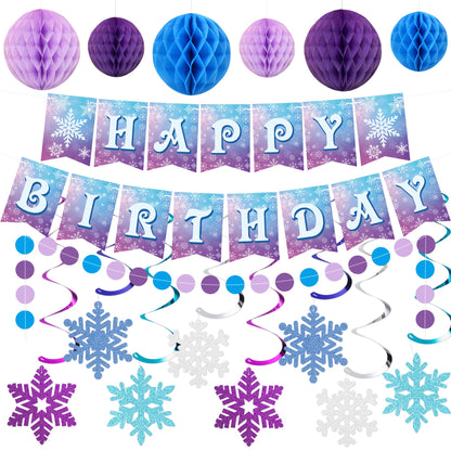 Frozen Birthday Party Decorations Happy Birthday Banner Honeycomb Balls Snowflake Hanging Swirls Streamers Circle Garland Decoration Winter Holiday Party Decorations for Christmas