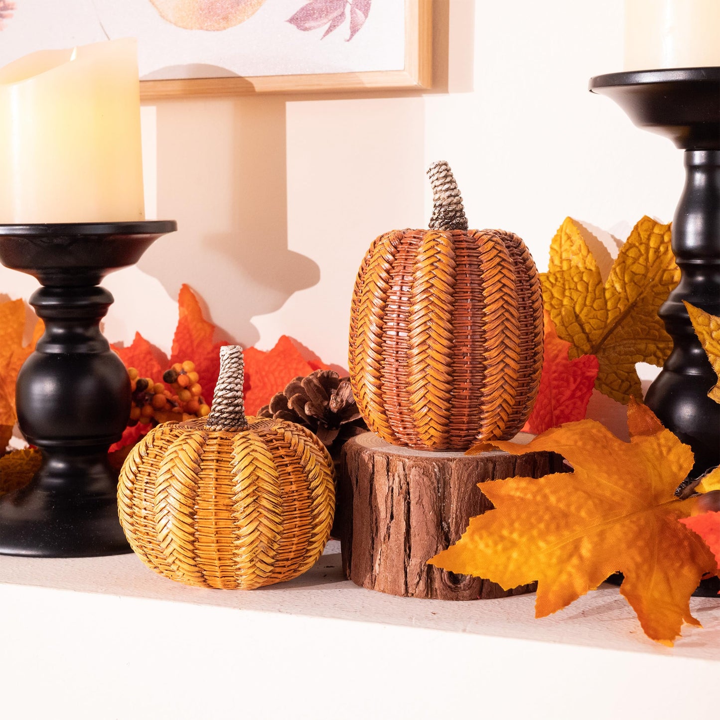 Valery Madelyn Thanksgiving Fall Decoration for Home Pumpkin Decor, 2pcs Resin Statue Artificial Rattan Pumpkins Figurine, Autumn Harvest Halloween Table Centerpieces, 6.2 inch