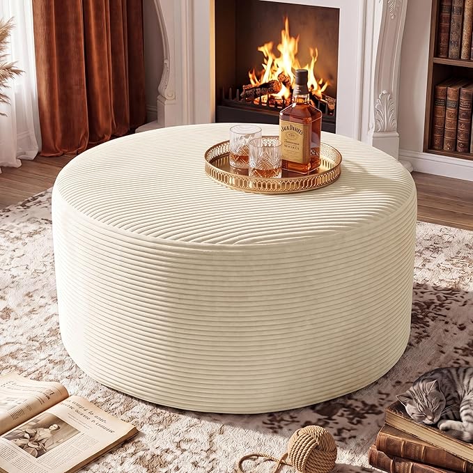 BSHOMGI Round Ottoman, Corduroy Ottomans Foot Stool, 27.5" Pouf Footstool
