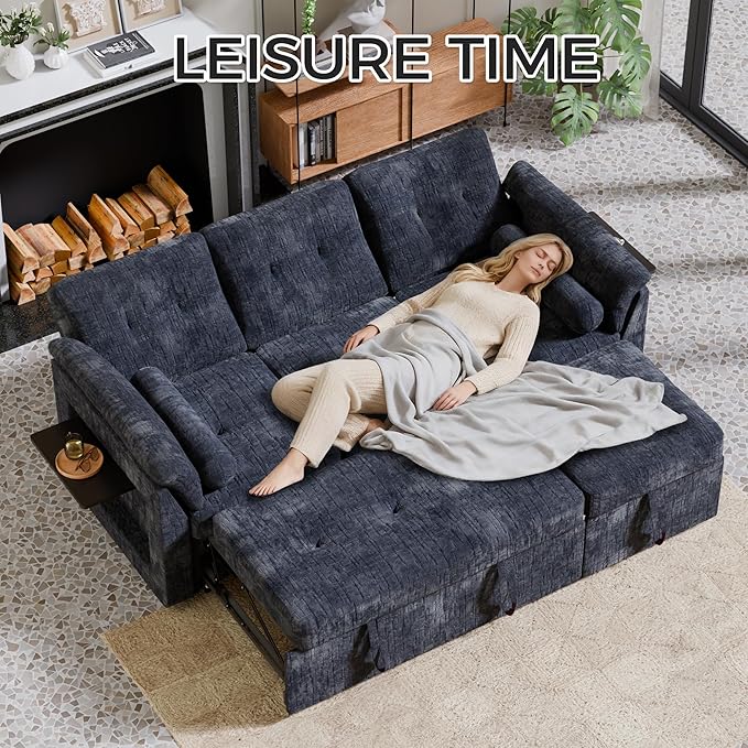 Convertible Sleeper Sofa Bed, 63 Inch Chenille Pull Out Couch