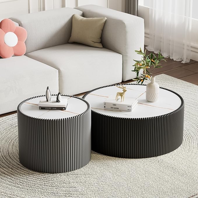 2-Piece Round Nesting Coffee Table Set, 29.52" Marble Coffee Table and End
