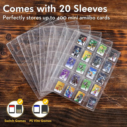 iofeiwak Mini Amiibo Card Display Album, Brown, 0.82x1.22 inch, Faux Leather, Waterproof, 20 Sleeves Included